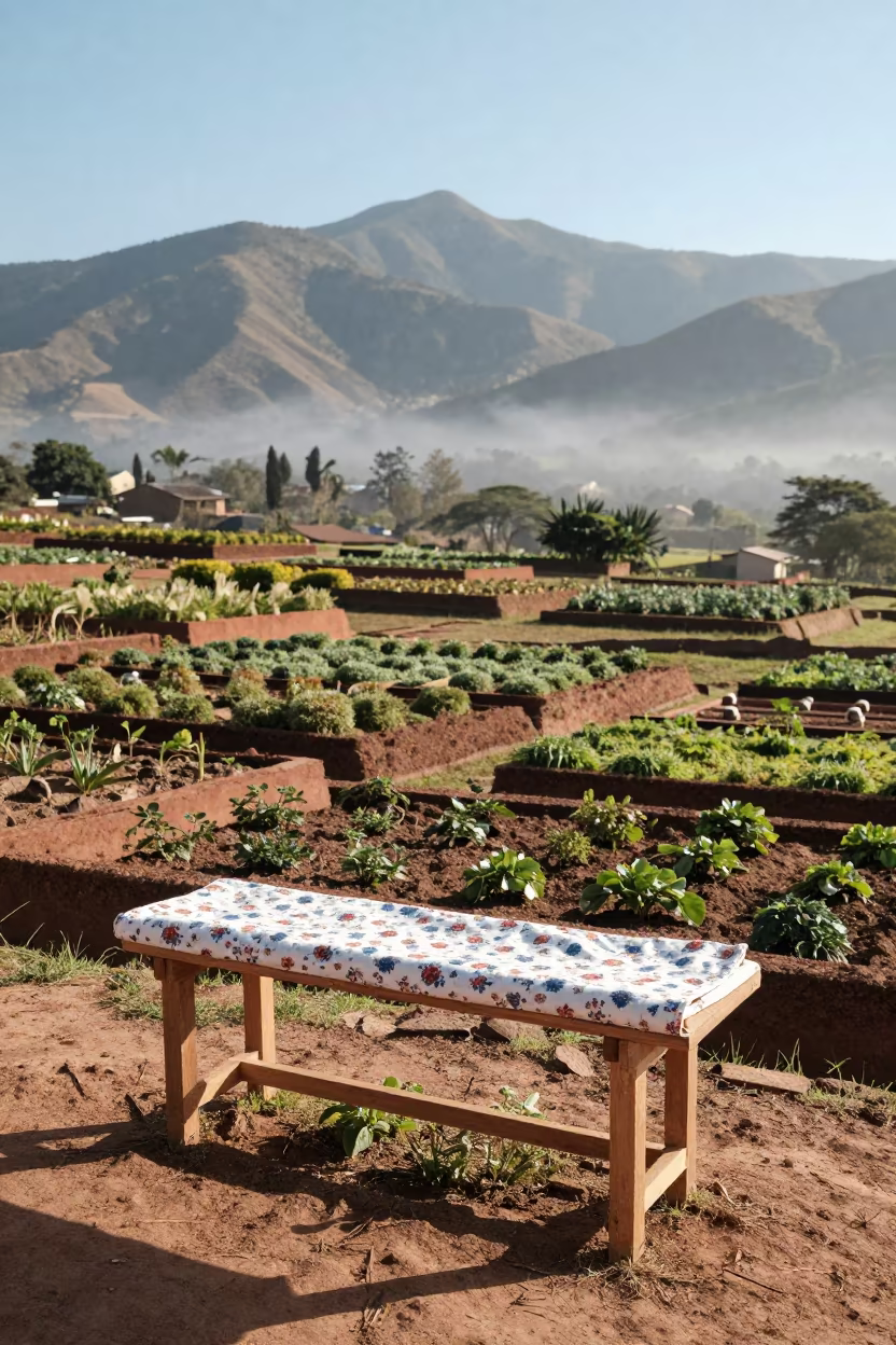 Liberty Floral Cotton Bolt on Terraced Garden Shelf in among terraced garden plots near Matola