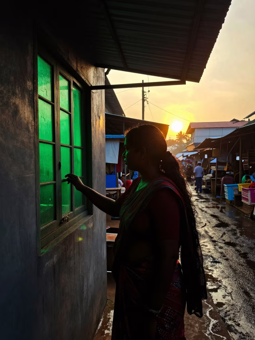 Librarian in Green Window Light Kollam Market in along a market lane in Kollam