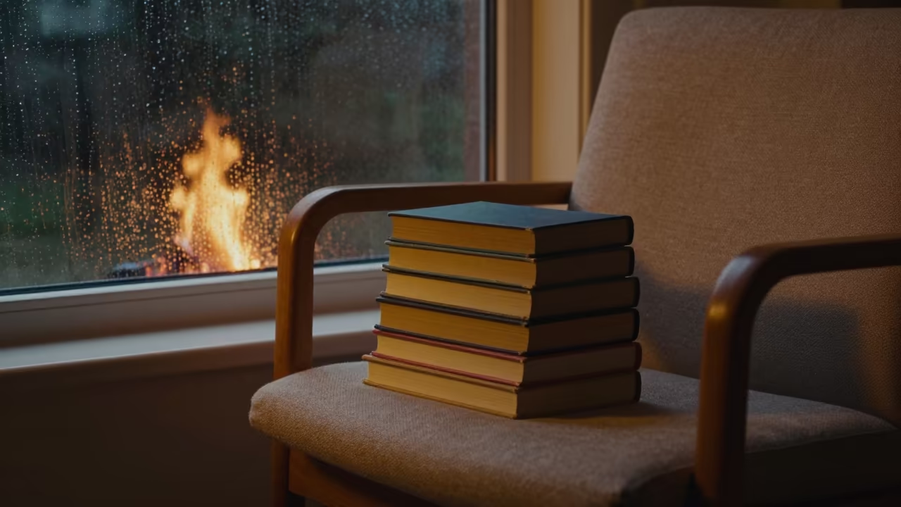 Library Books on Armchair Night Window in on a reading nook cushion near Belo Horizonte