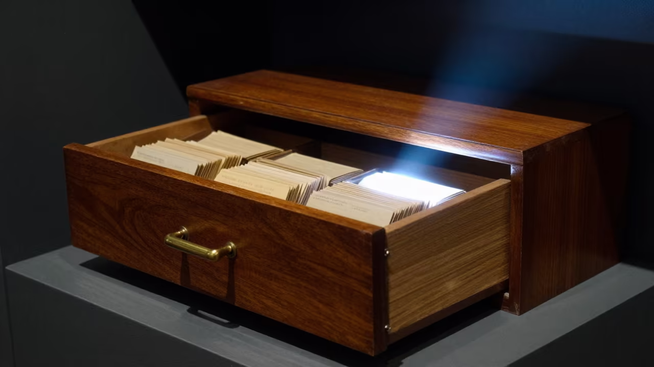 Library Card Catalog Drawer Open Midnight in on a museum plinth in Yogyakarta