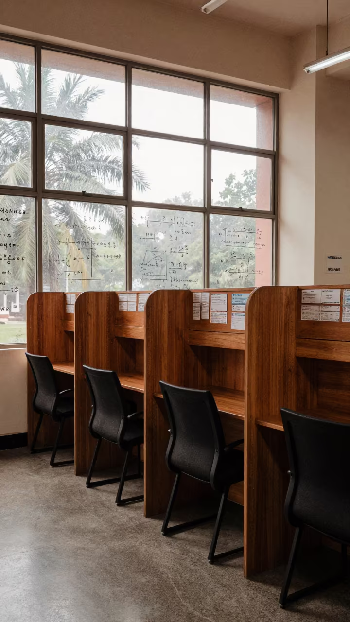 Library carrel wall equations and tickets in inside a campus library reading room near Pune