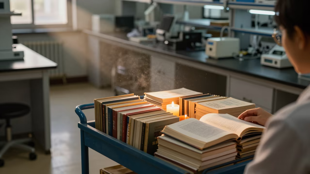 Library Cart Under Candlelight in Kunming Lab in in a school laboratory in Kunming