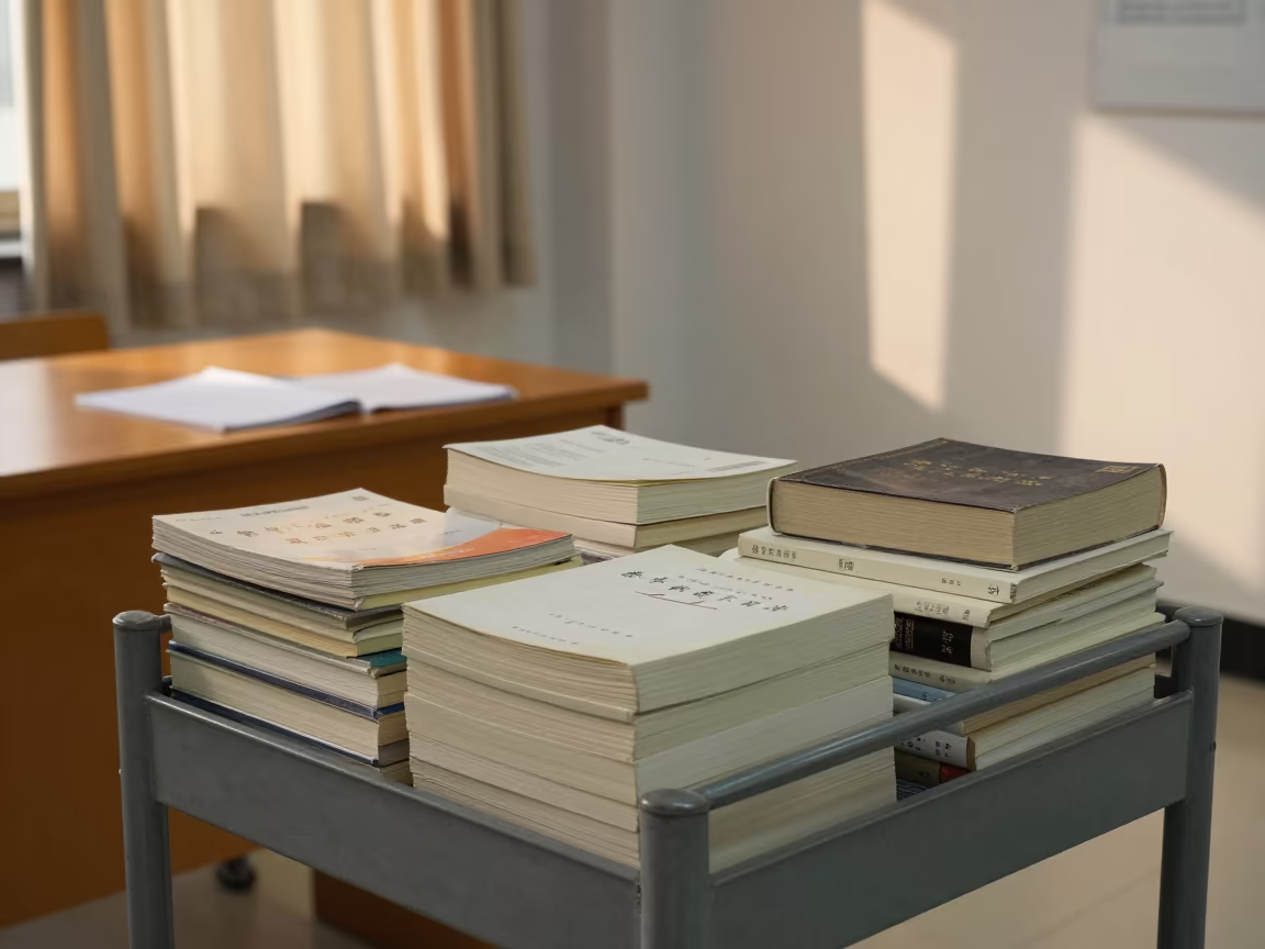 Library Cart Full of Novels in Xian Seminar Room in at a seminar table covered in notes in Xian
