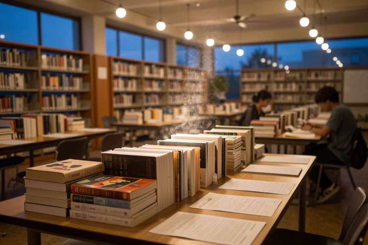 Library Cart Overflowing with Novels Under String Lights in at a seminar table covered in notes in Kadoma