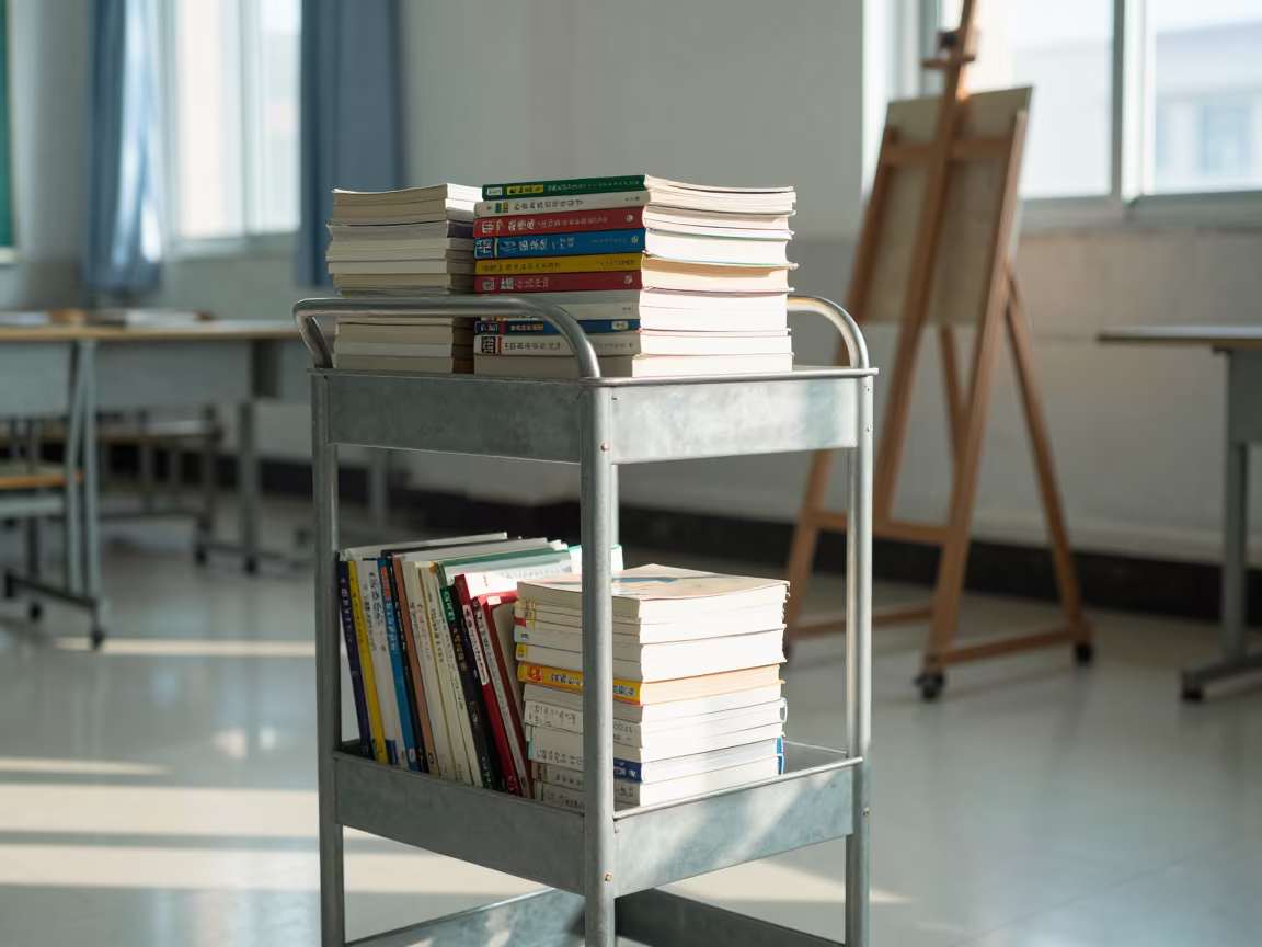 Library Cart of Returned Books in Art Classroom in inside an art classroom in Haikou