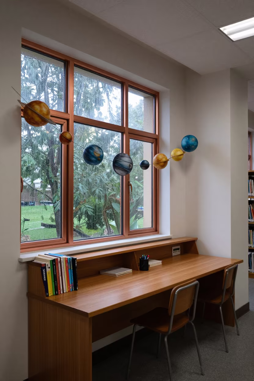 Library Desk Under Planet Chains in Natal Light in inside a quiet classroom near Natal