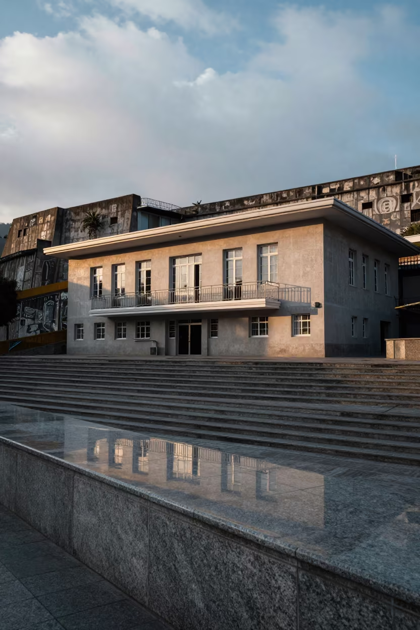 Library Facade Reflections in Medellin Dawn Light in outside a wind-scoured fortress wall in Medellin