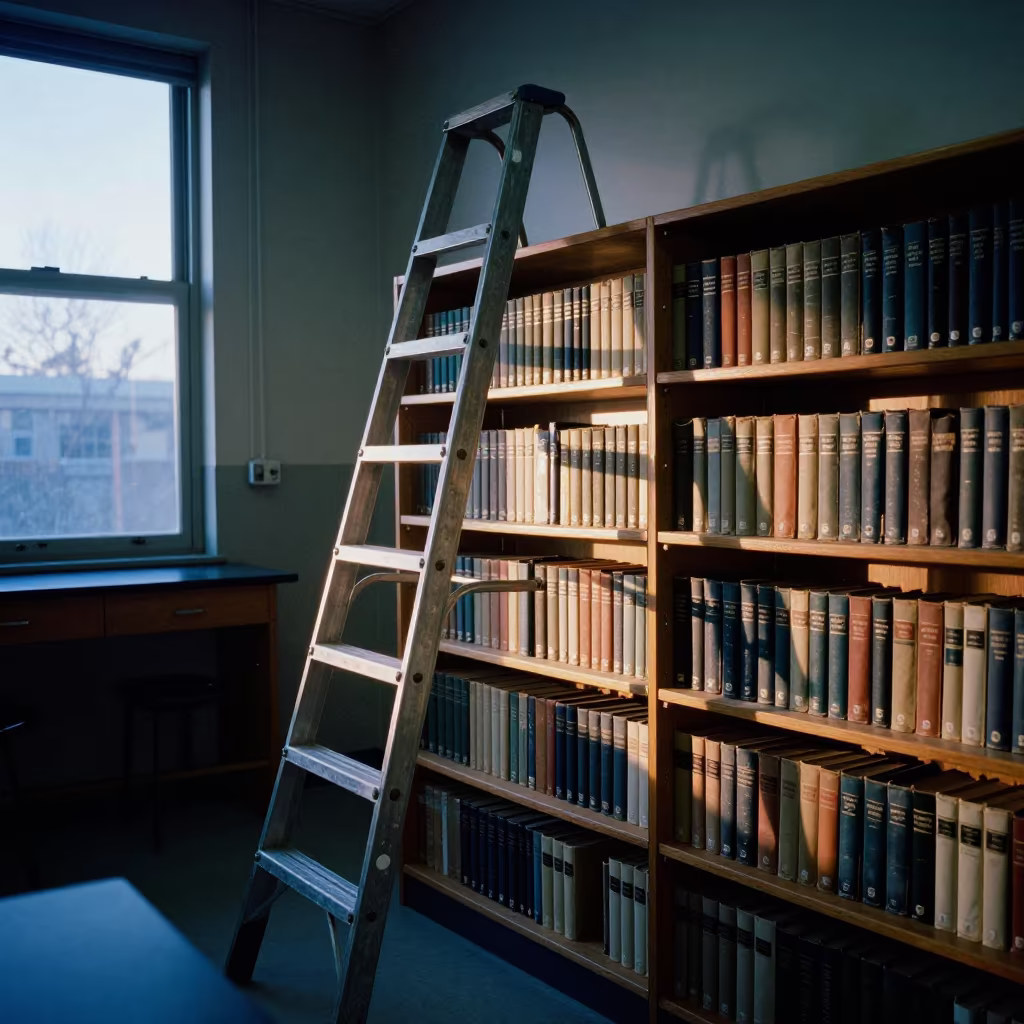 Library Ladder and Encyclopedias at Twilight in in a school laboratory in Melrose, Los Angeles