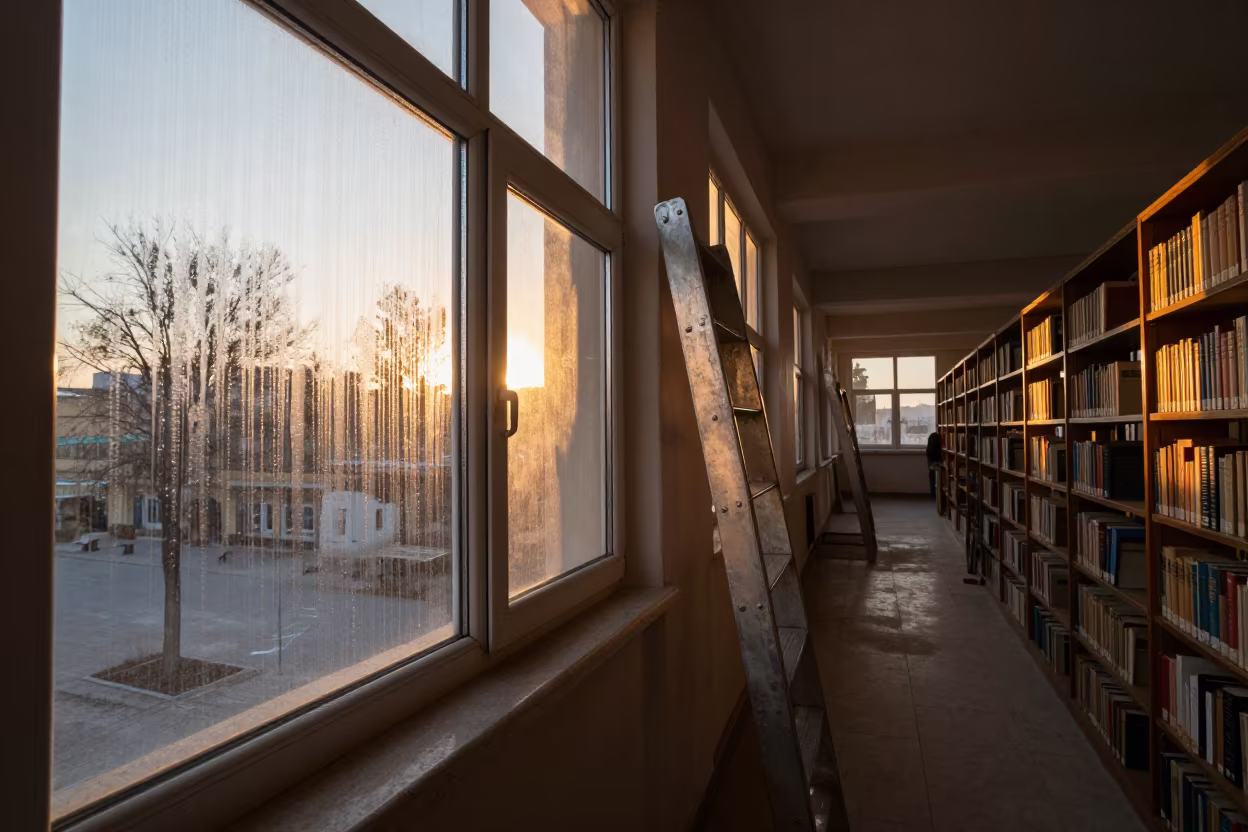 Library Ladder Amidst Old Encyclopedias in Kabul in inside a quiet classroom in Kabul