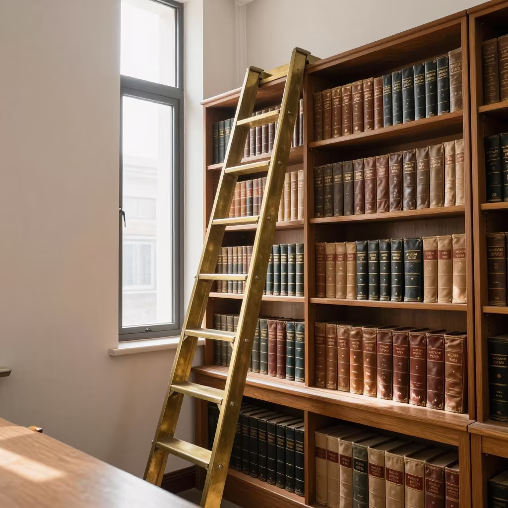 Library Ladder Amidst Old Encyclopedias in Wuhan Hall in in a lecture hall before the crowd arrives in Wuhan