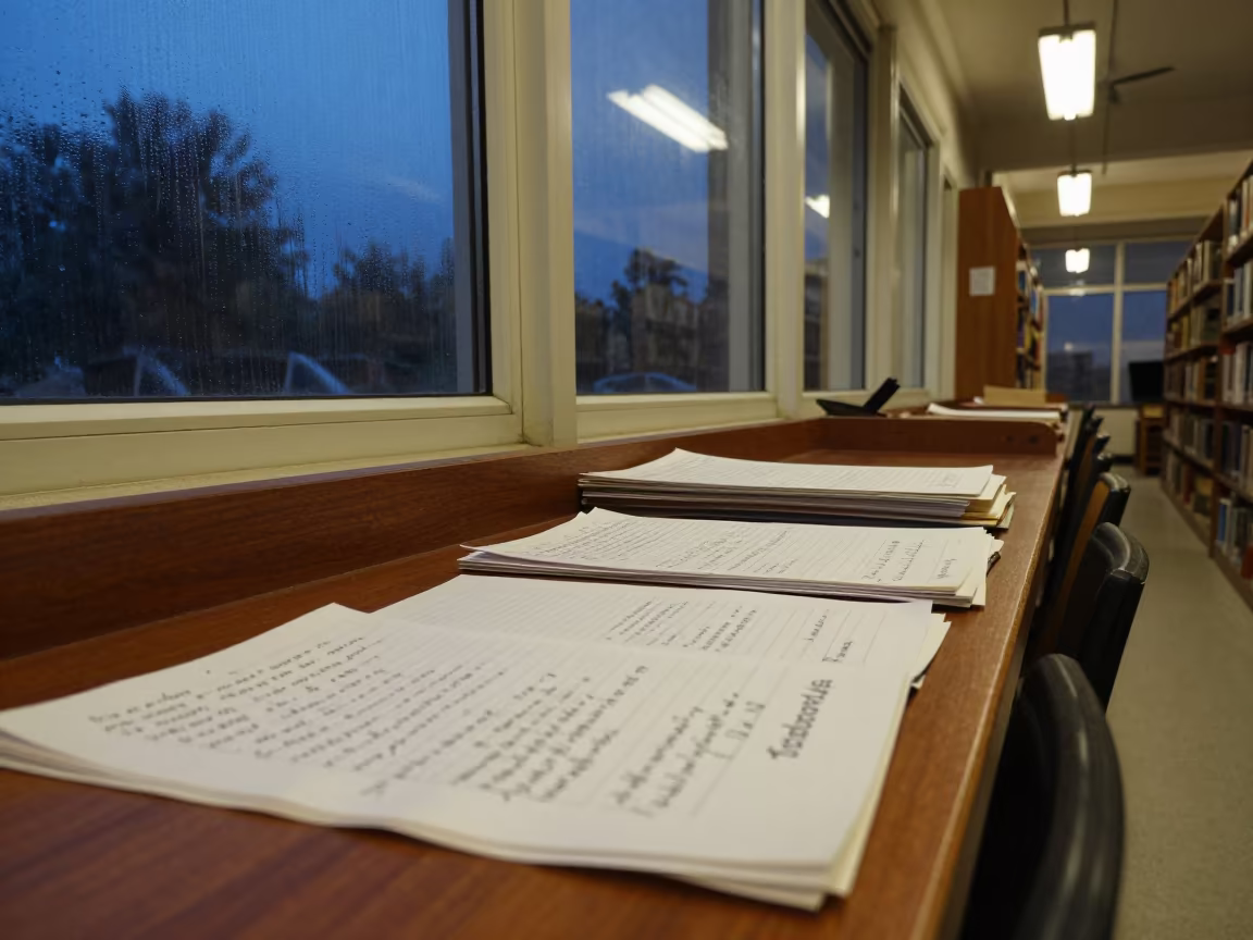Library Stack Aisle with Seminar Notes in at a seminar table covered in notes in Quetta
