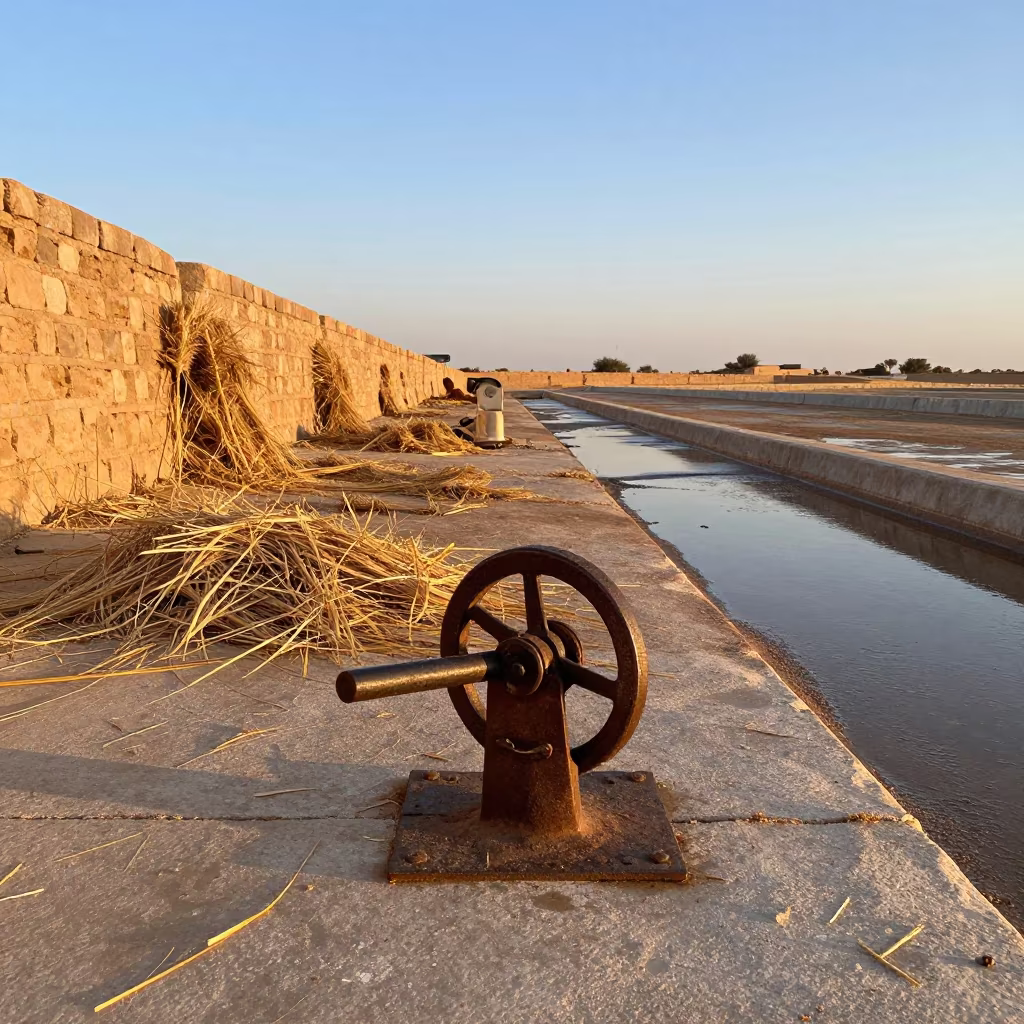 Libyan Broiler Wheel Chock at Golden Hour in near a windbreak and water trough in Libya