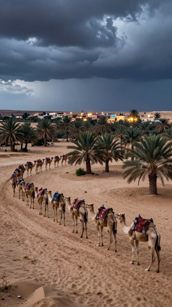 Libyan Camel Train Resting at Oasis with Distant Glow in in Libya