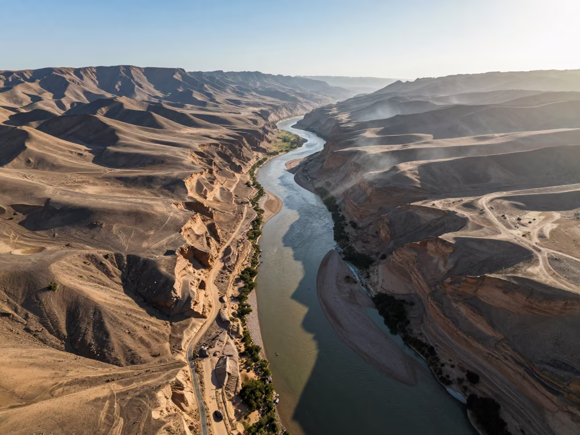 Libyan Canyon River Aerial View Late Afternoon in above dune fields and dry wadis in Libya