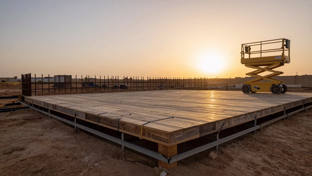 Libyan Construction Deck Formwork Under Amber Sunset in on an active construction deck in Libya