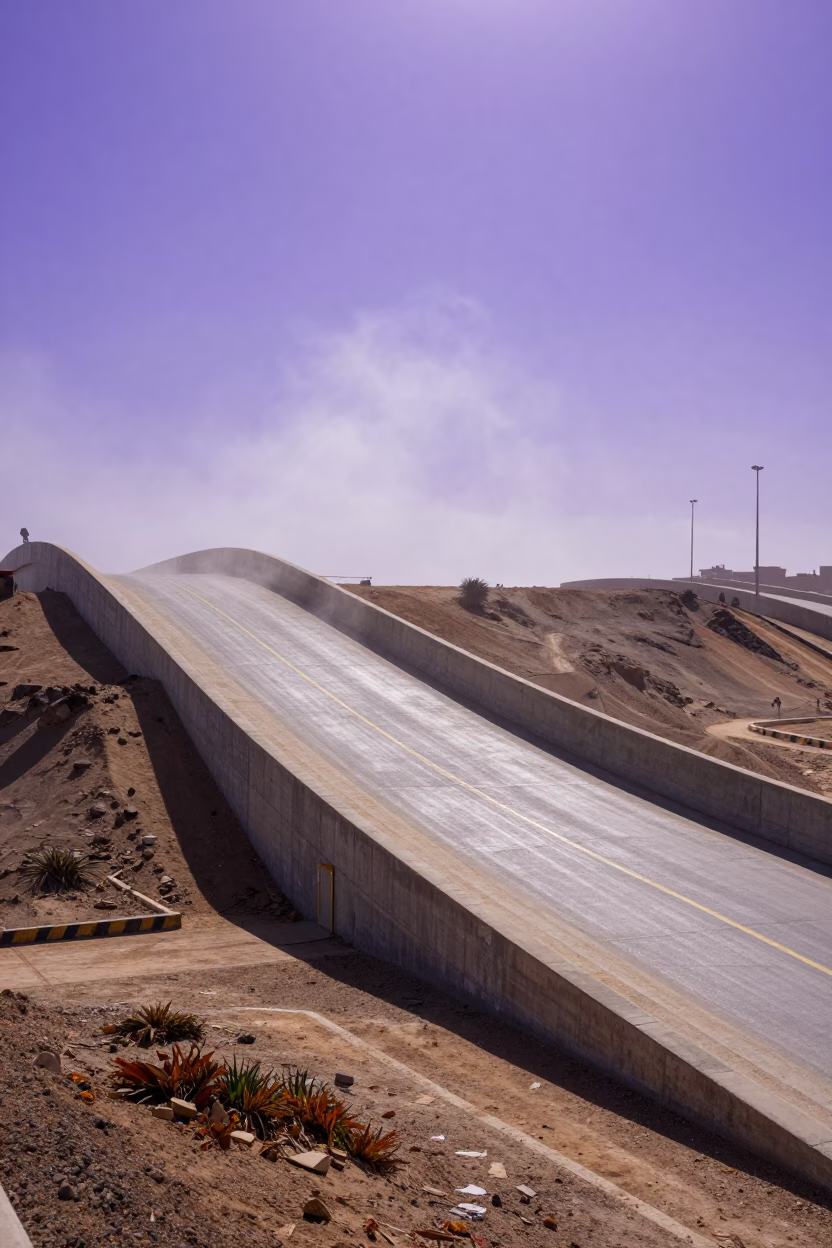Libyan Overpass Ramp Under Violet Sky in beside a storm surge barrier in Libya