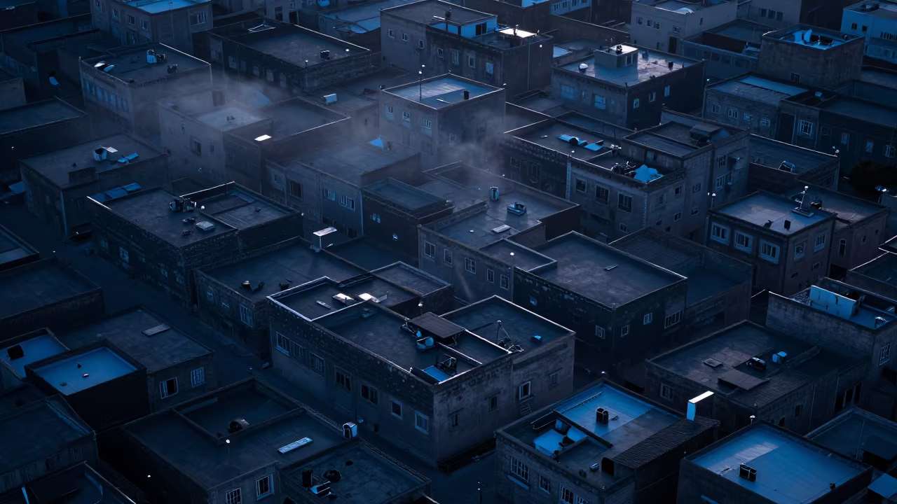 Libyan Rooftops Blue Hour Fog in high above patterned rooftops in Libya