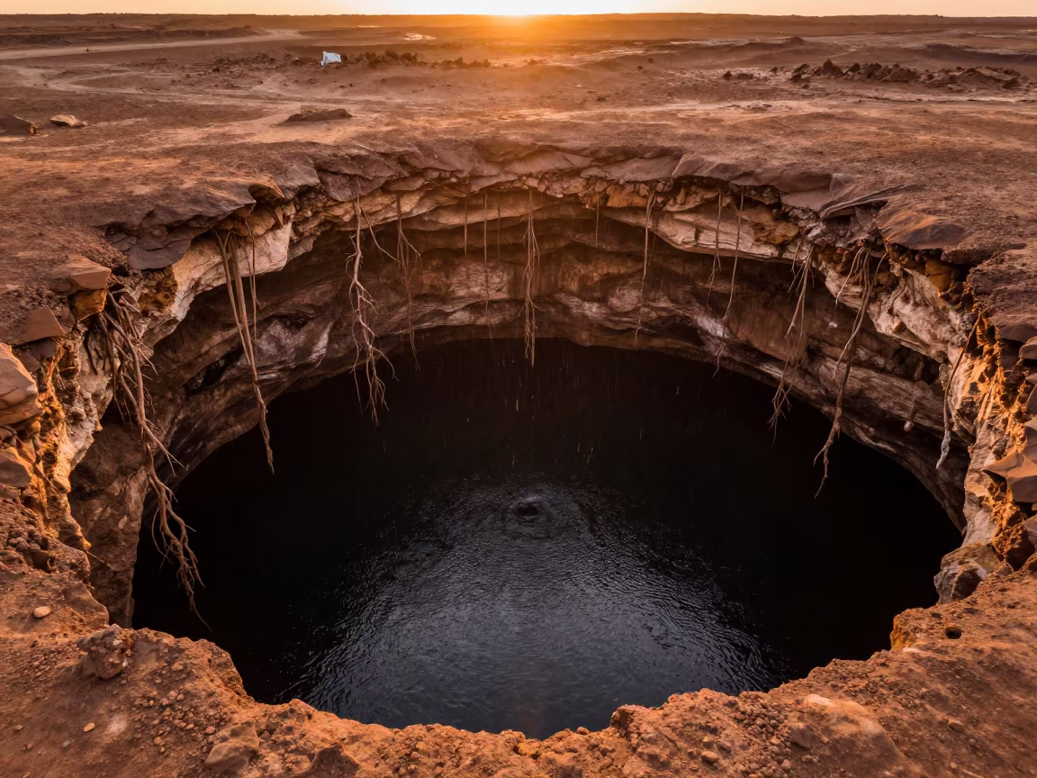 Libyan Sinkhole Cenote Roots in Amber Dusk Light in in Libya