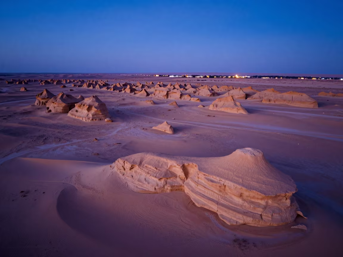 Libyan Yardang Desert Under Evening Blue Light in in Libya