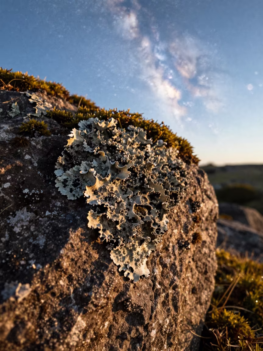 Lichen on Basalt Under Milky Way Sky in on dew-soaked moss in Irapuato
