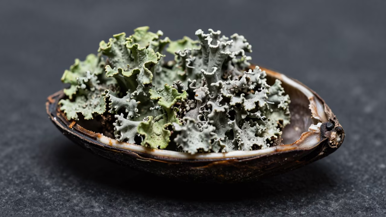 Lichen on Basalt Inside Split Seed Pod Guangzhou in inside a seed pod split open in Guangzhou