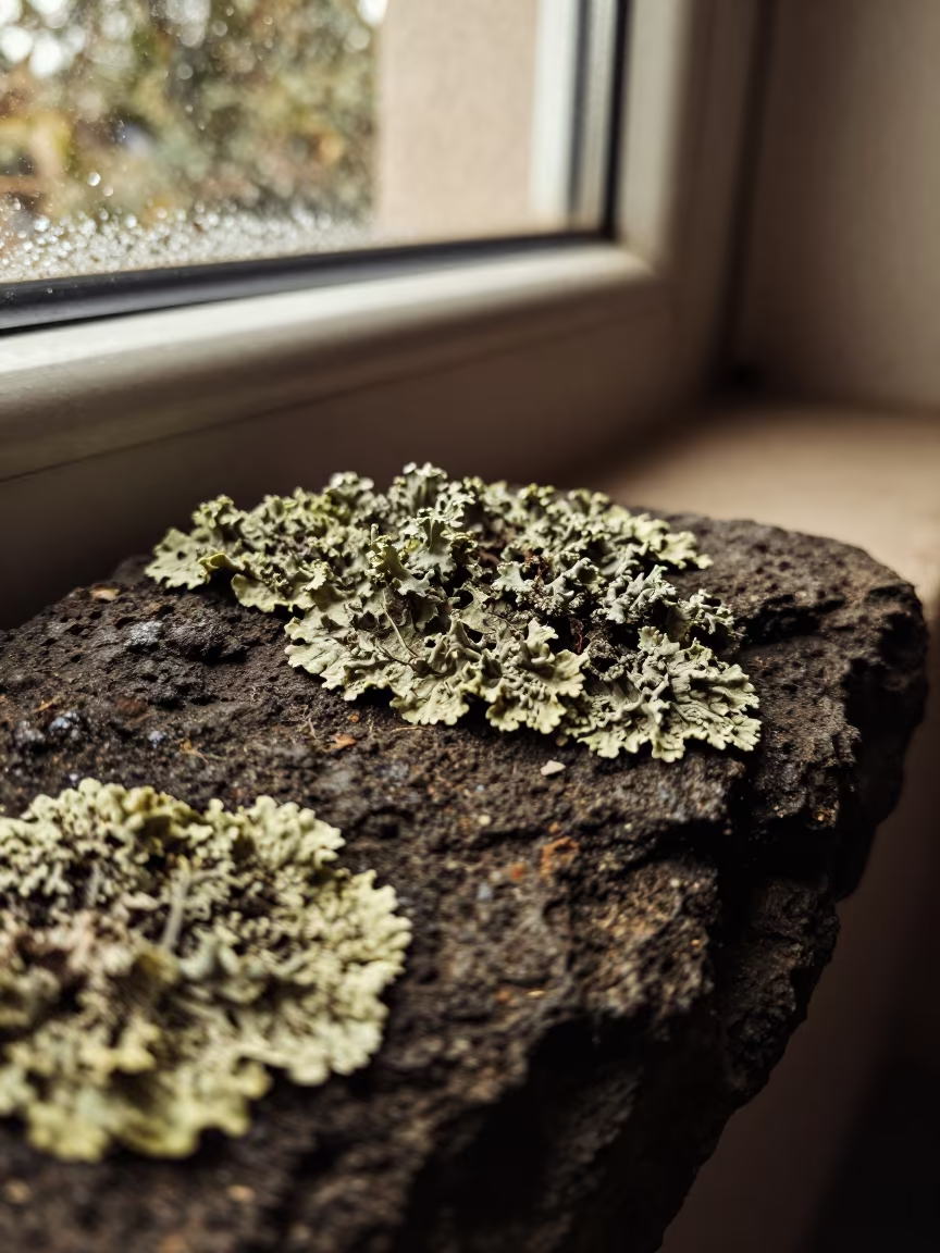 Lichen on Basalt Windowpane Zapopan in along a frost-edged windowpane in Zapopan