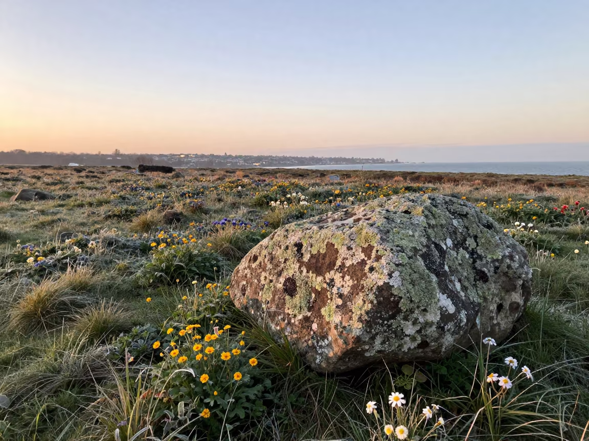 Lichen Boulder in East London Winter Meadow at Twilight in in a bloom-heavy meadow near East London