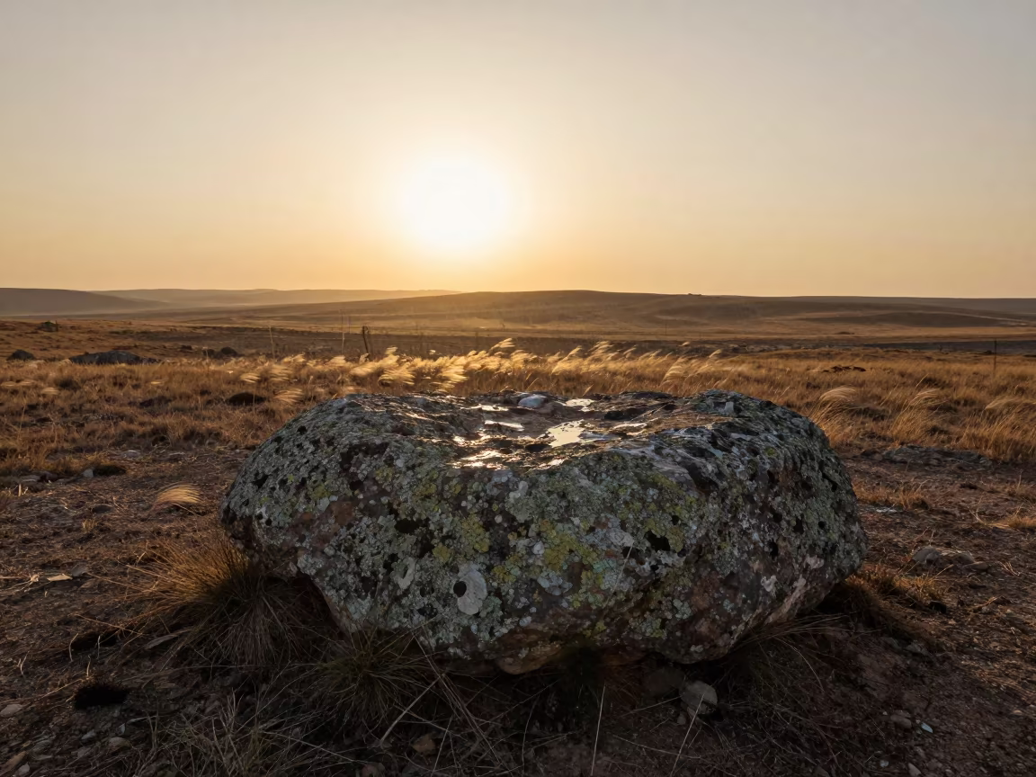 Lichen Encrusted Boulder on Iraq Moor at Golden Hour in in Iraq