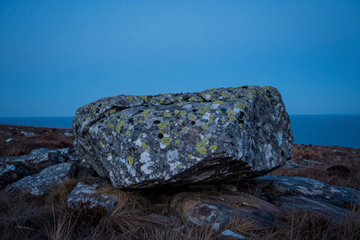 Lichen Crusted Boulder on Wind Swept Moor in along a salt-sprayed cliff edge in Henan
