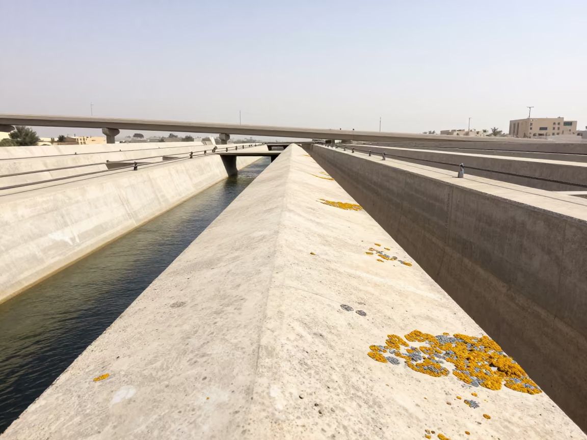 Lichen Bright Parapets on Kuwait Aqueduct Path in across a windy overpass interchange in Kuwait City