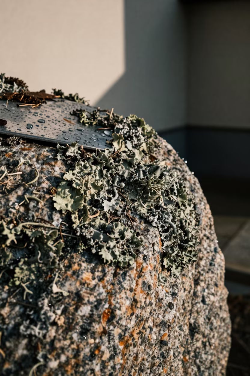 Lichen Crust Granite Boulder Çerkezköy in across a rain-beaded metal surface in Çerkezköy district