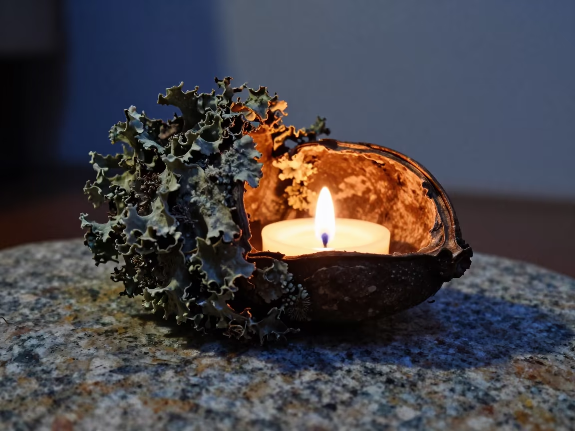 Lichen Crust on Granite Seed Pod Detail in inside a seed pod split open in Chunxi Road, Chengdu