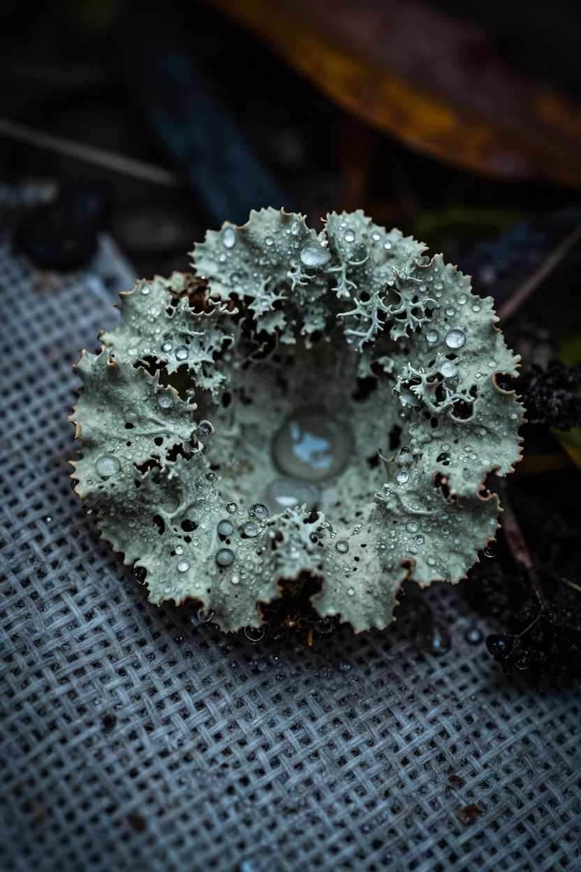 Lichen Cup Macro with Condensation on Linen in against woven linen fibers near Dallas
