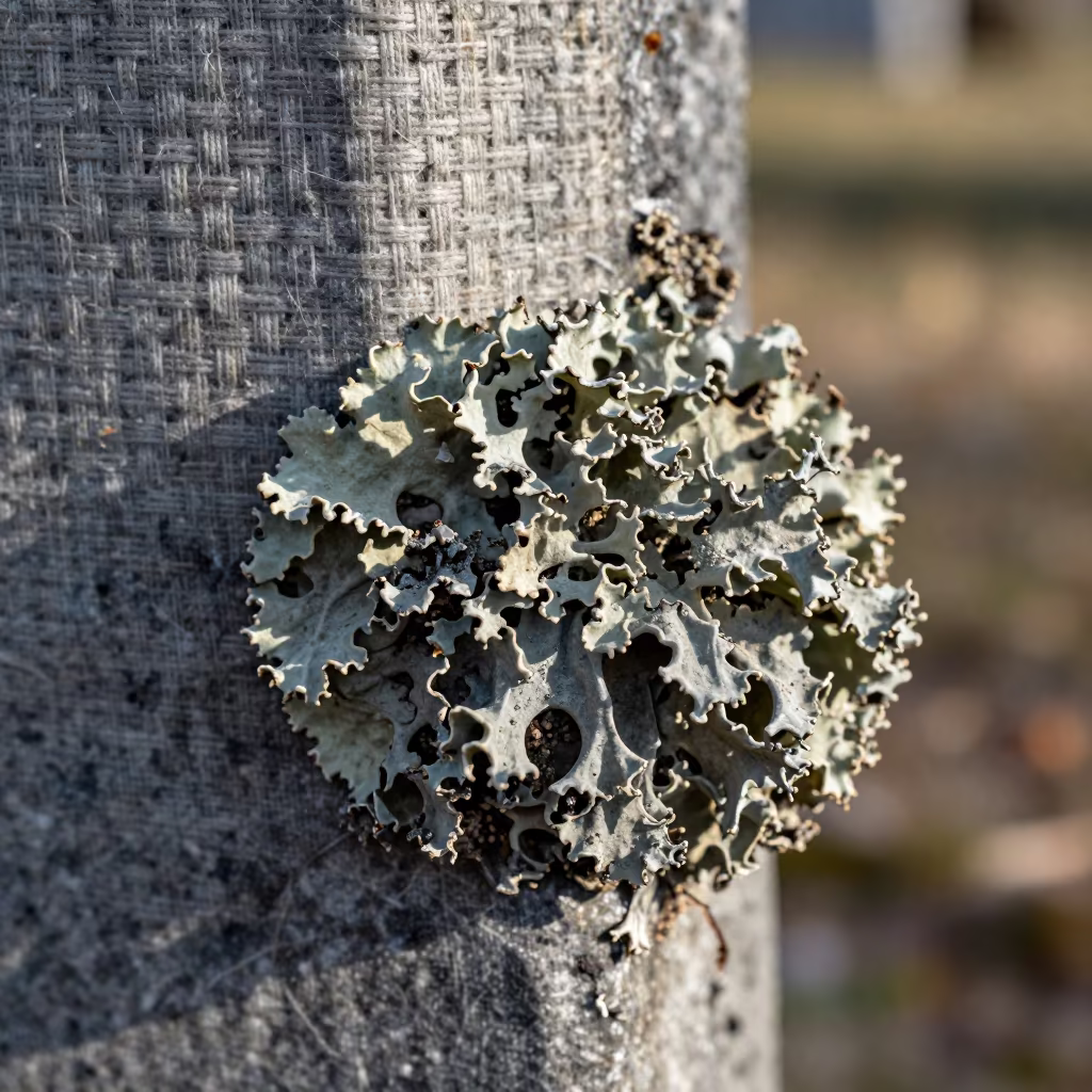 Lichen Fruit Body on Tombstone Edge Doha in against woven linen fibers in Doha