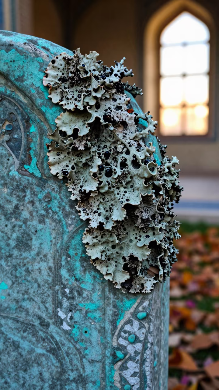Lichen Fruit Body on Turquoise Tombstone Edge in against weathered turquoise paint in Isfahan