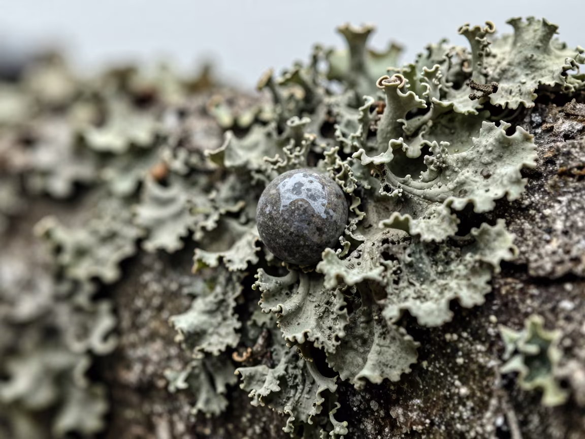 Lichen Fruit on Tombstone Edge Macro in on lichen-covered bark in Barrio Italia, Santiago