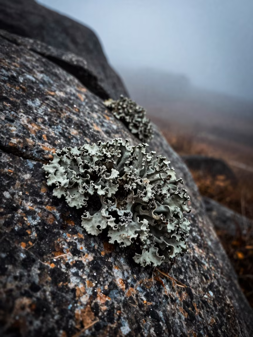 Lichen Fruiting Body on Granite in Predawn Fluorescent Light in near Tashkent