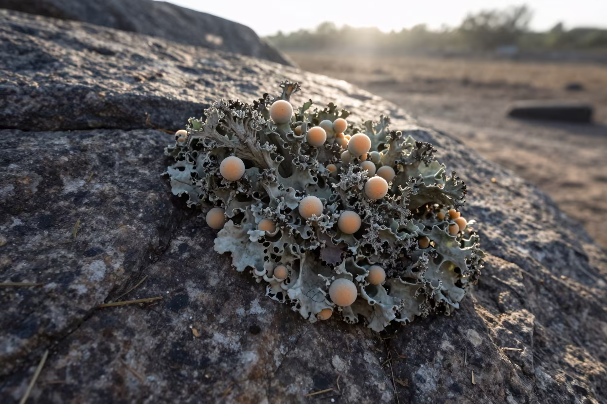 Lichen Fruiting Body on Weathered Granite in Dawn Shadow in near Asaba