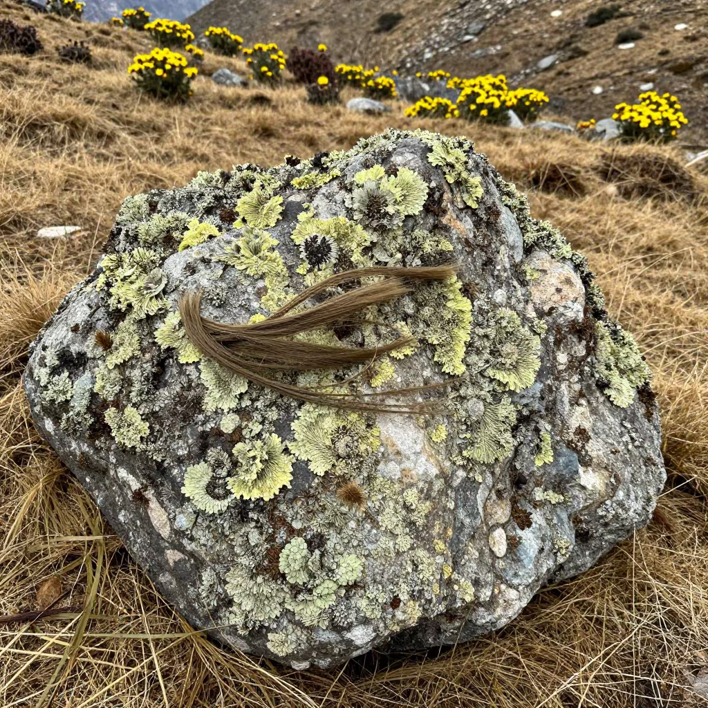 Lichen Garden on Alpine Boulder in Nepal in in a bloom-heavy meadow in Nepal