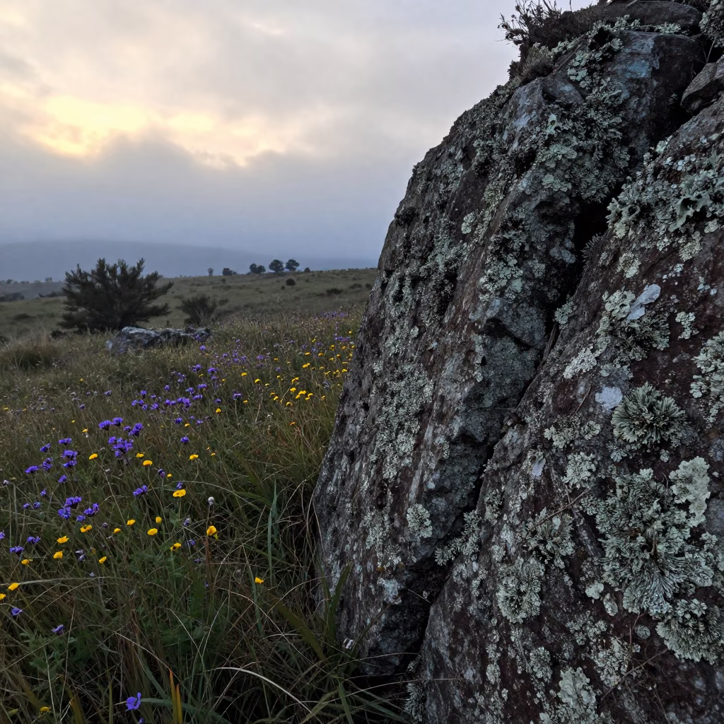 Lichen Map Rock Face Dawn Meadow Mexico City in in a bloom-heavy meadow near Mexico City