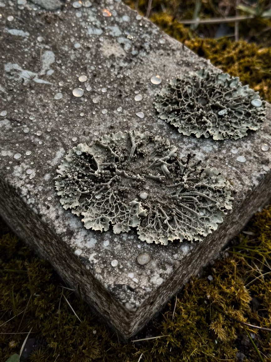Lichen Patterns on Dewy Gravestone in Turkmenabat in on dew-soaked moss in Türkmenabat