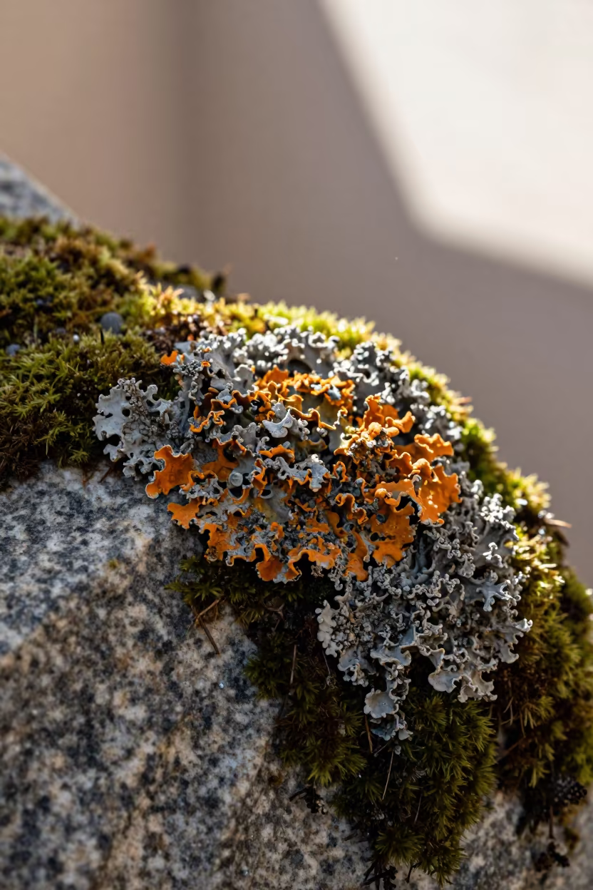 Lichen Patterns on Moss in Ouarzazate in on dew-soaked moss in Ouarzazate