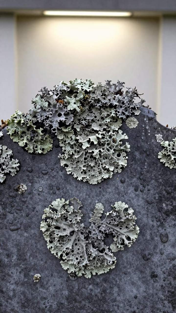 Lichen Patterns on Rain Beaded Metal Gravestone in across a rain-beaded metal surface in San Rafael