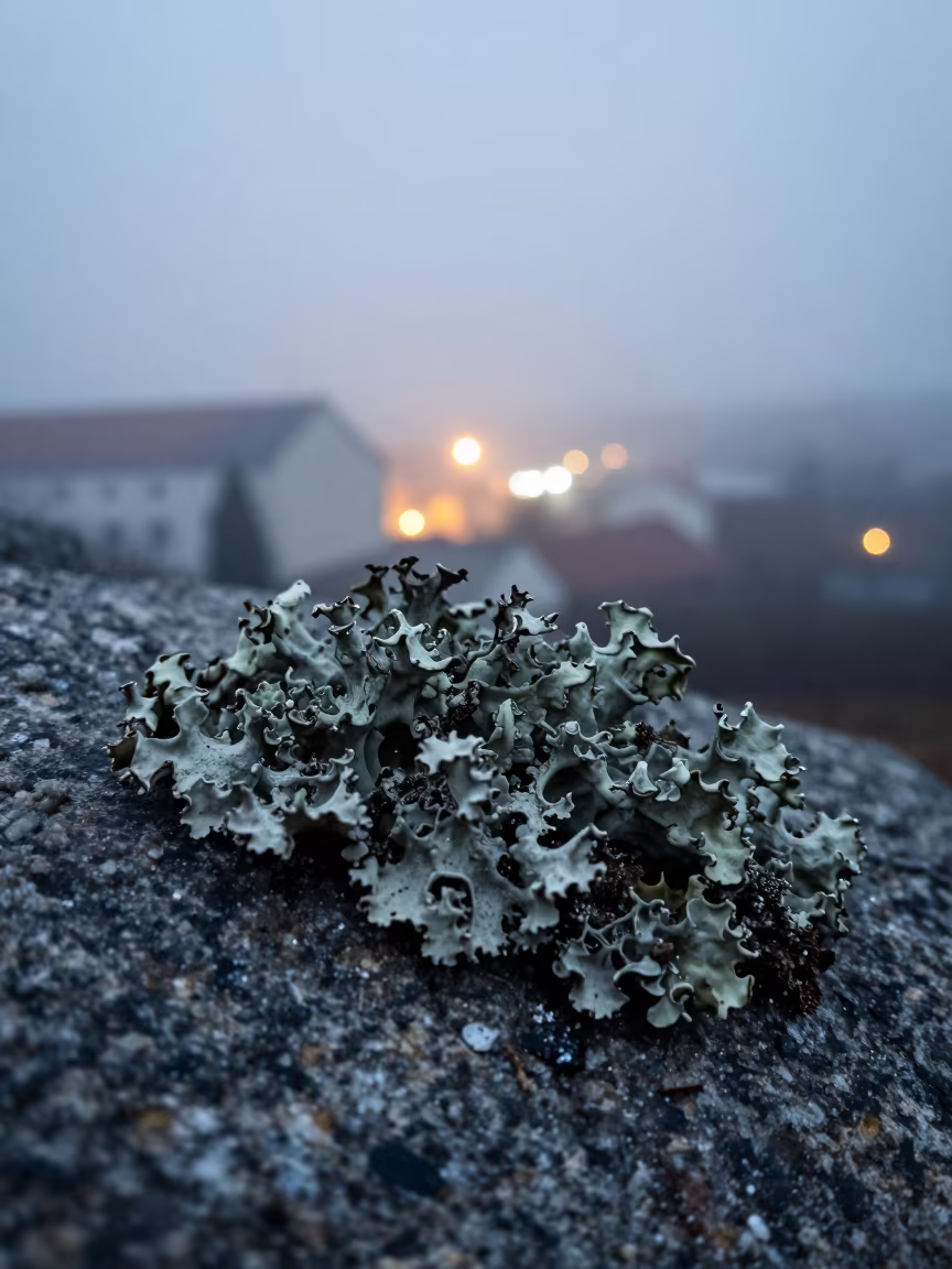 Lichen Silhouette on Granite Amid Ruda Slaska Mist in in Ruda Śląska