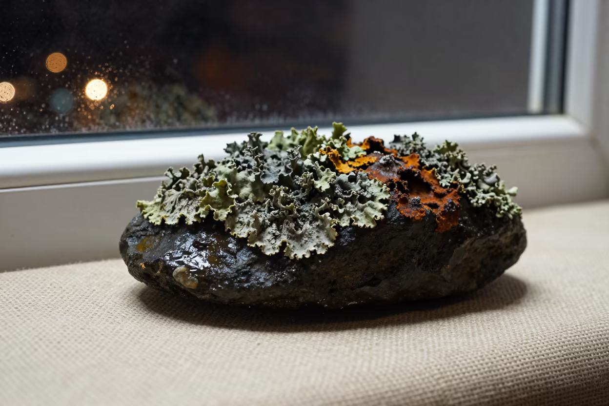 Lichen on Tide-Blackened Stone with Linen in against woven linen fibers in Owerri