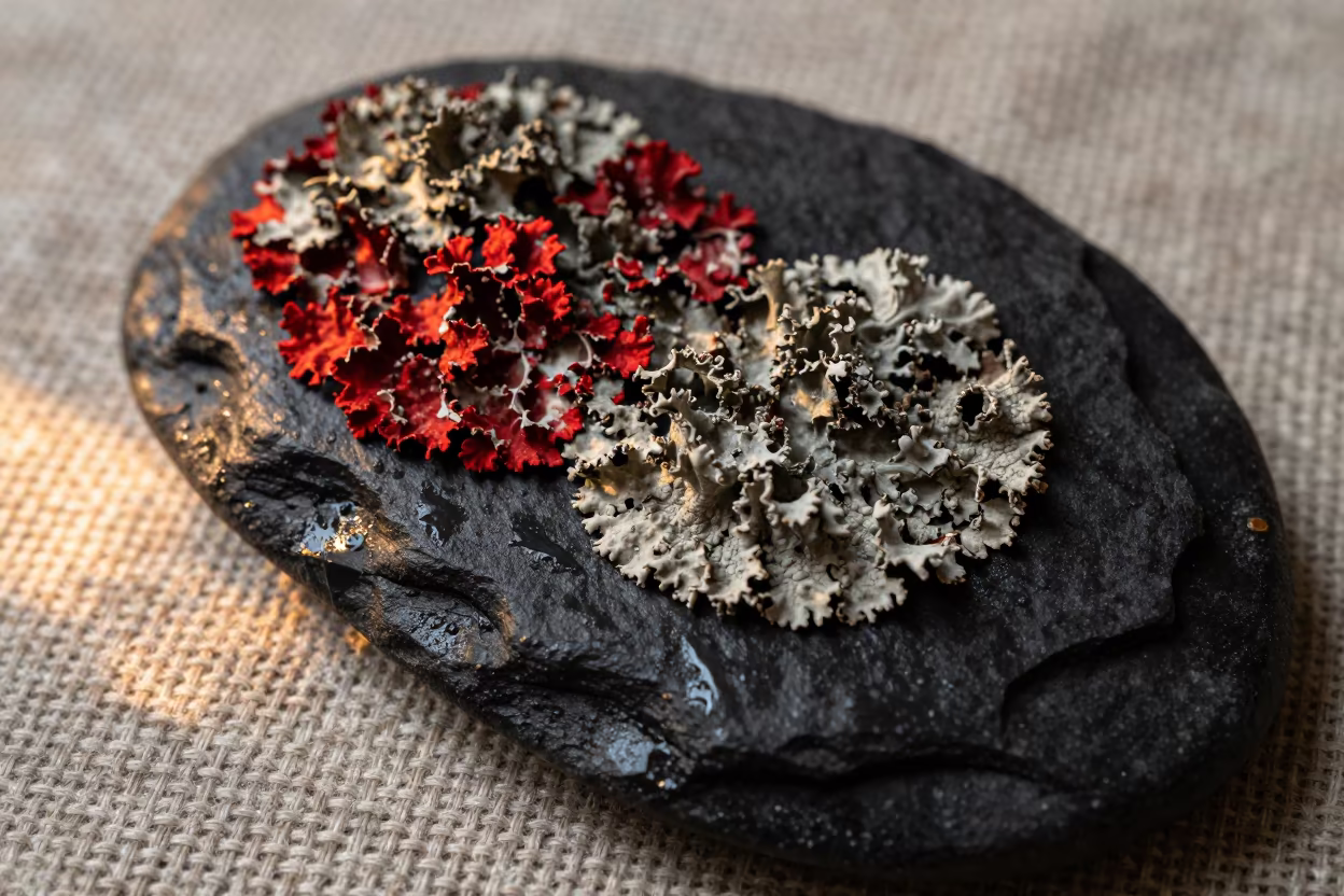 Lichen on Tide Stone Against Linen in against woven linen fibers in Mississauga