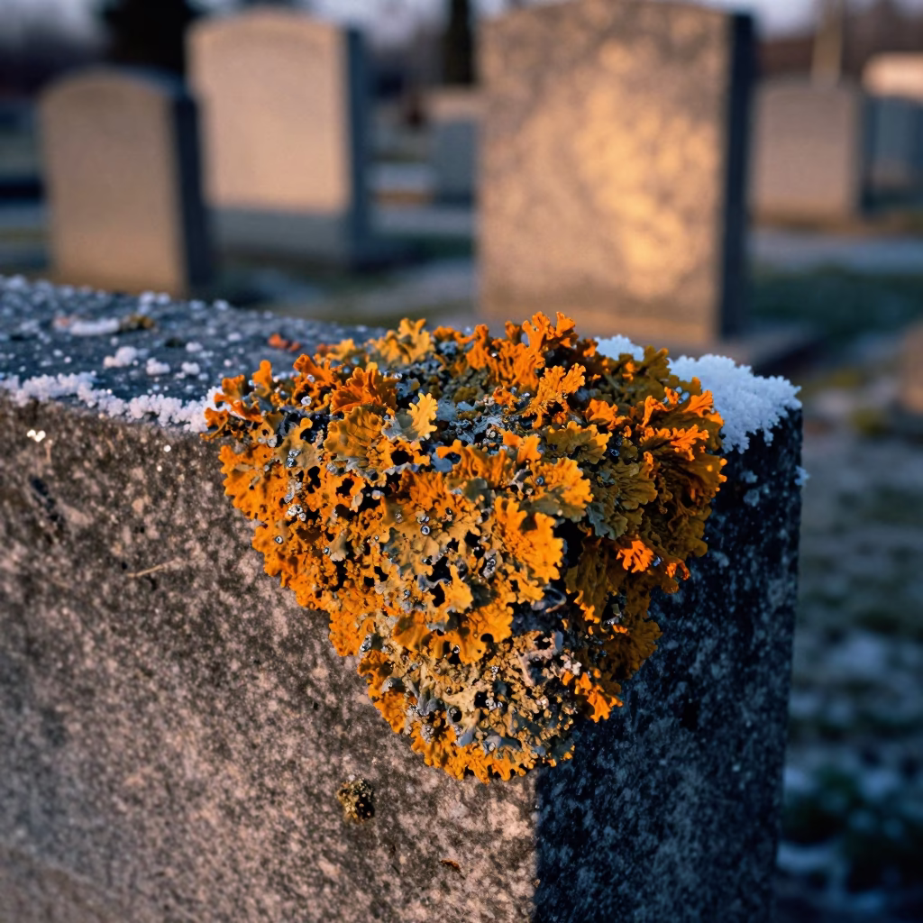 Lichen on Tombstone Salt Crystals Winter Sunset in on salt crystals along a pan rim in Montreal