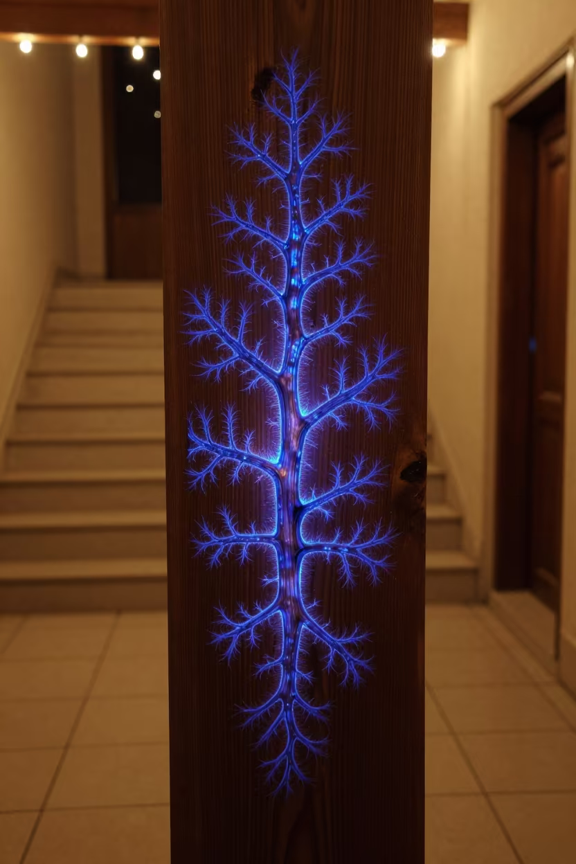 Lichtenberg Figure Fractal Pattern on Wood in inside a tiled stair hall in Erzincan