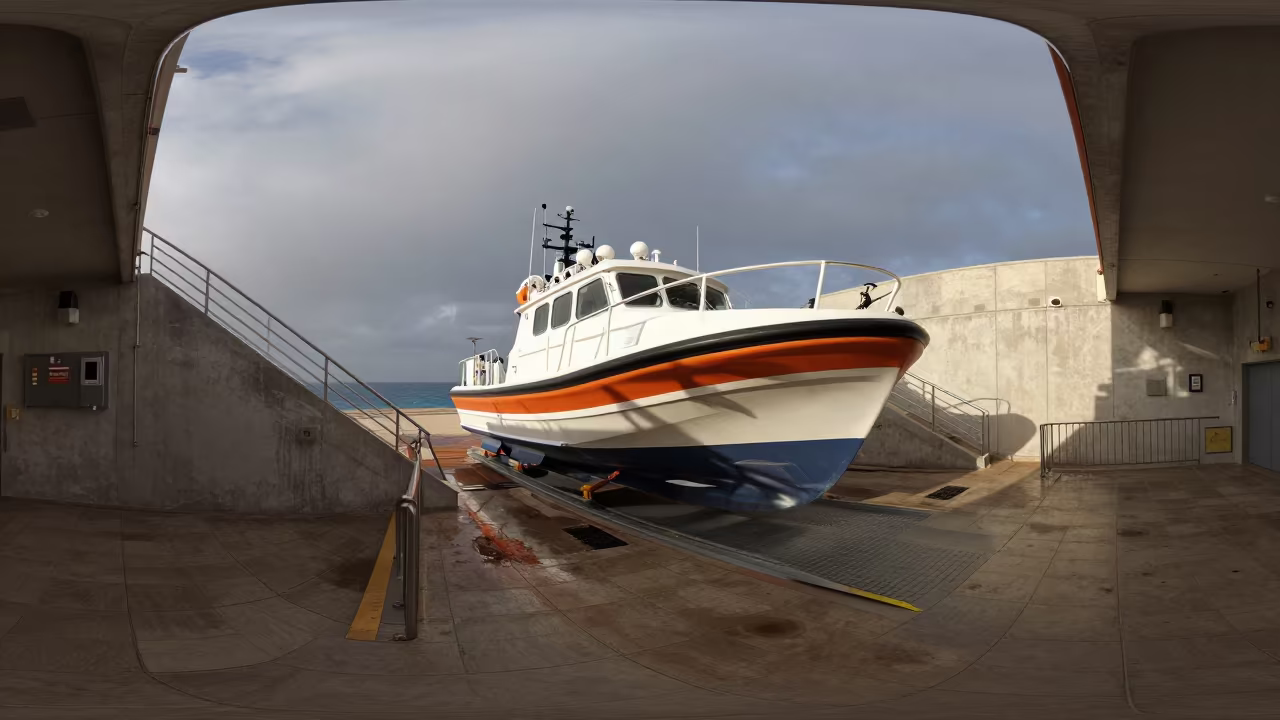 Lifeboat Launch at Dawn in Suez Station in inside a tiled stair hall in Suez
