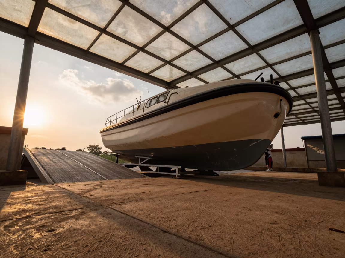 Lifeboat Launch at Sunset in Glass Arcade Jhansi in inside a glass-roofed arcade near Jhansi